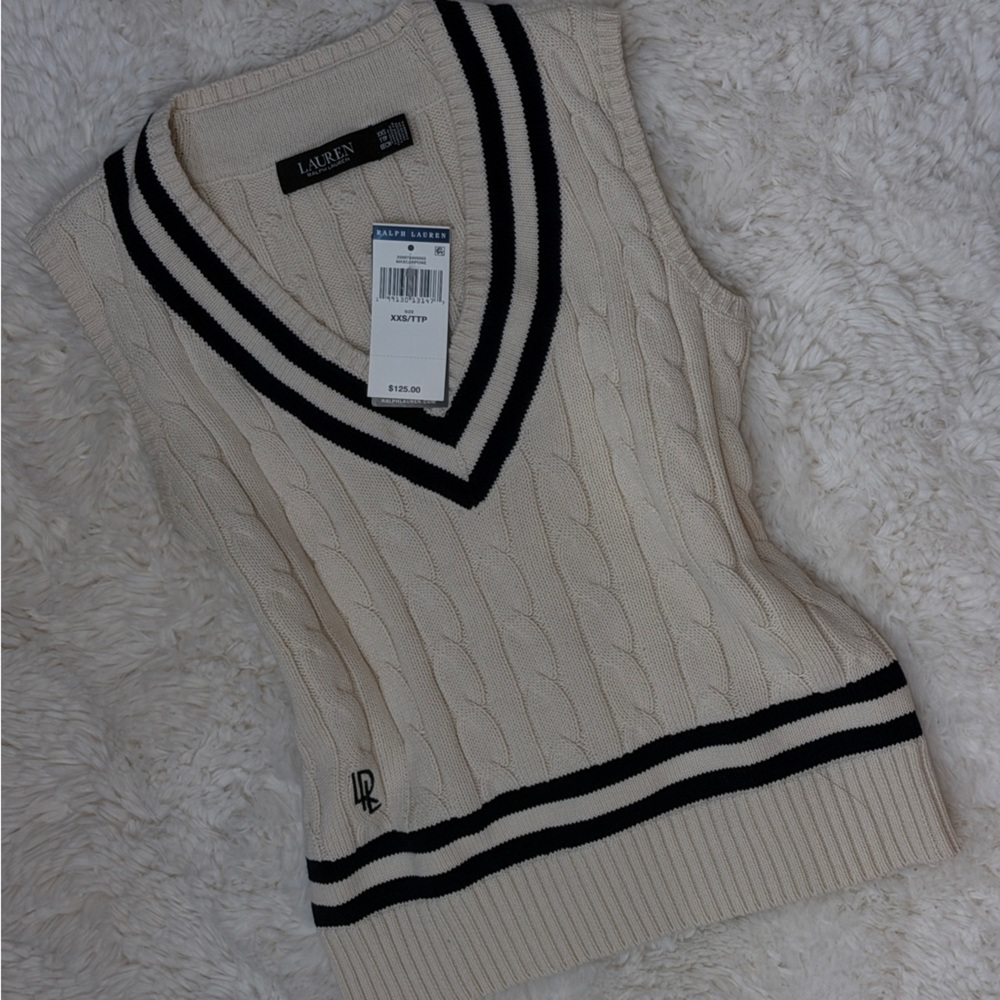 Brand NEW Ralph Lauren Ivory Cable-Knit V-Neck Sweater Vest with Black - XXS